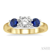3.90 MM Round Shape Sapphire and 1/2 Ctw Past, Present and Future Round Cut Diamond Precious Ring in 14K Yellow and White Gold